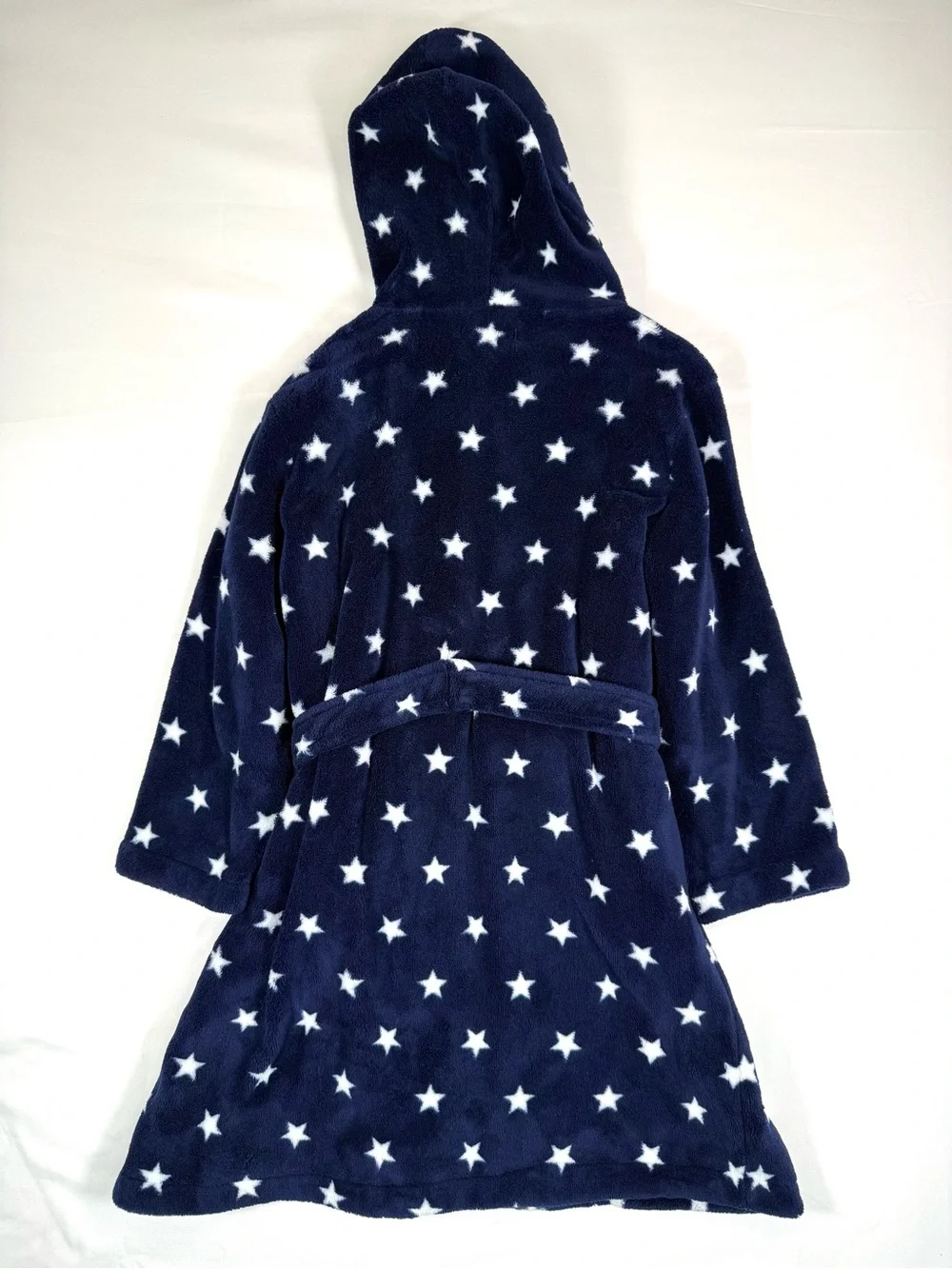 POTTERY BARN KIDS Unisex Hooded Plush Star Robe 4-6 Navy White Belt Soft Fleece